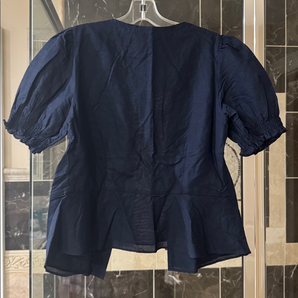 Banana Republic Navy Puff Sleeve Button-Front Blouse - Picture 3 of 4